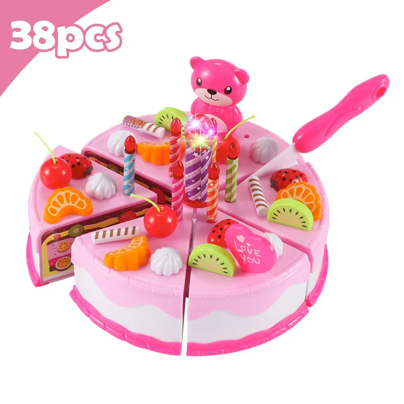 Новые DIY ролевые игры фруктовая резка торт на день рождения кухня еда игрушки Cocina De Juguete игрушка розовый синий подарок для девочек для детей - Цвет: 38Pcs Pink