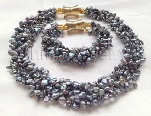 

18"- 8" 5row 8mm black Reborn Keshi baroque freshwater pearl necklace & bracelet^^^@^Noble style Natural Fine jewe fast SHIPPING