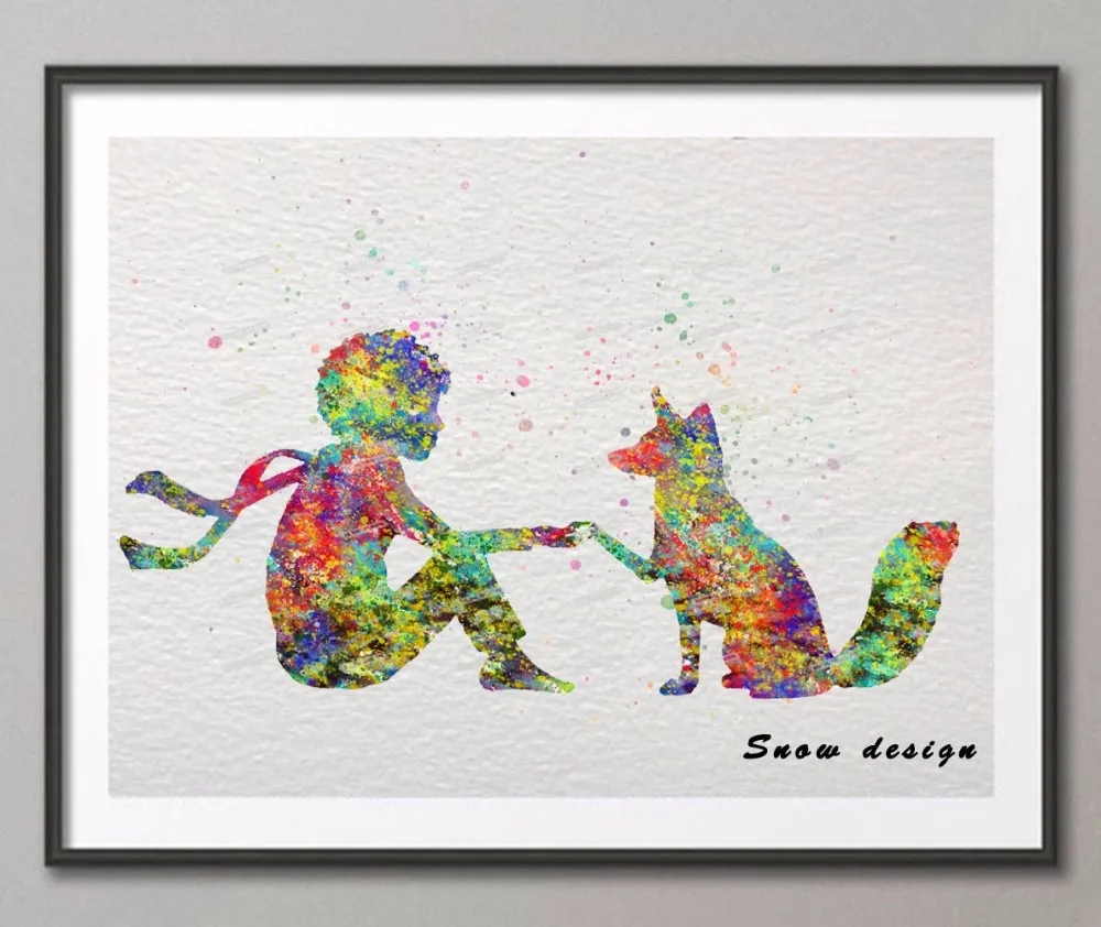 

Original watercolor Little Prince with Fox Pop wall art canvas painting Nursery poster print Pictures kids room Home Decor gifts