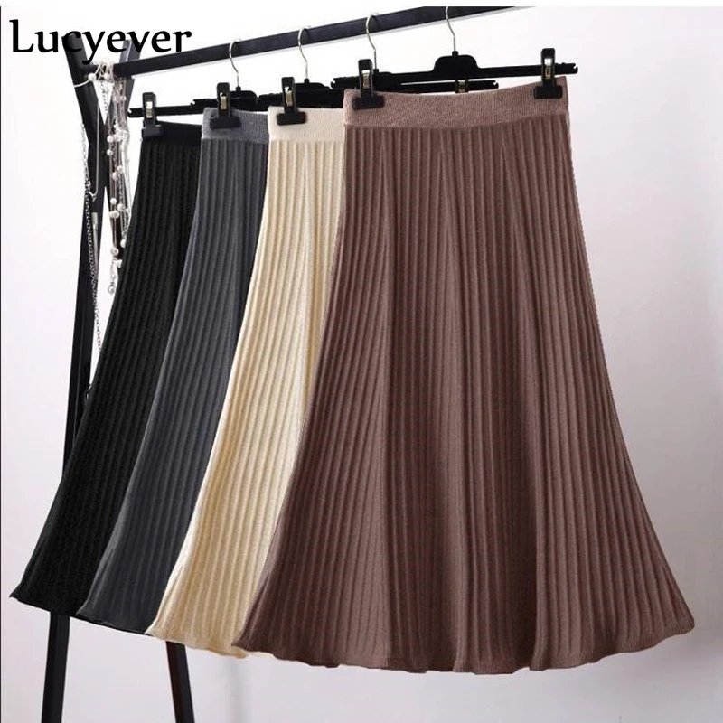 

Lucyever Vintage Women Pleated Skirt Autumn High Waist Knitted Mid-Calf Casual Harajuku Solid Color Faldas Mujer Moda 2019