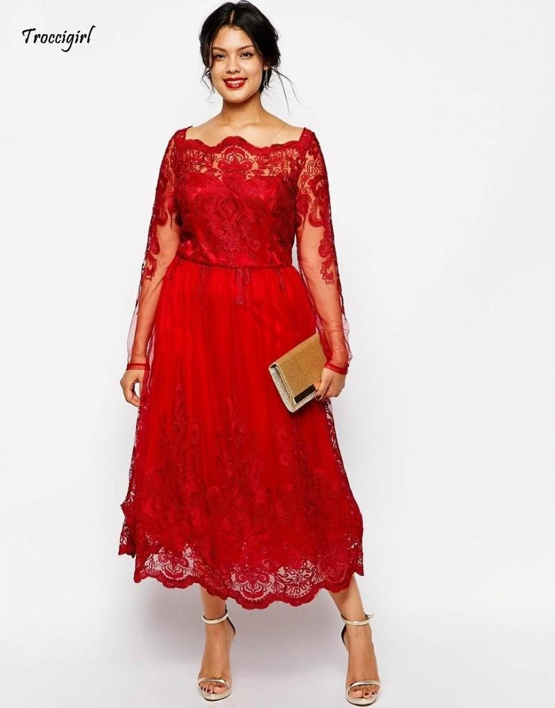 

Red Lace Plus Size Evening Dresses Square Neck Long Sleeve Tea-Length Party Prom Dress Evening Gown For Special Occasion