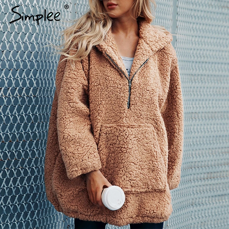Simplee Faux lambswool thick women jacket coat plus size Winter warm teddy coat Hooded fur coat 2018 outerwear female overcoat