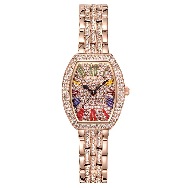 

Hot Barrel Type Female Watch Rose Gold Full Diamond Quartz Watch Women Watches Waterproof Steel Band Bracelet Clock Roman scale