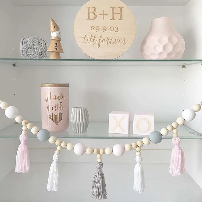 

1 Piece Wooden Bead Tassel Hanging Curtain Nordic Girl Baby Wall Hanging Decoration Children's Room Wood Beads String Ornament