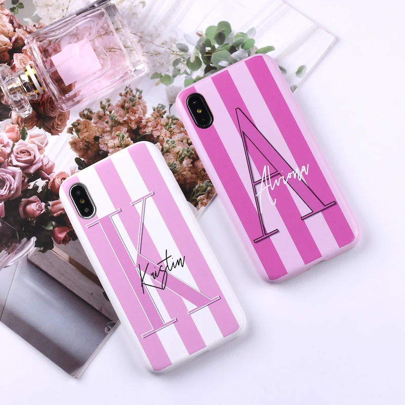 

Sexy Pink Lips Initial Custom Personalized Name Striped PU Leather Phone Case Cover For iPhone X 6 XS Max 7 7Plus 8 8Plus 5 SE