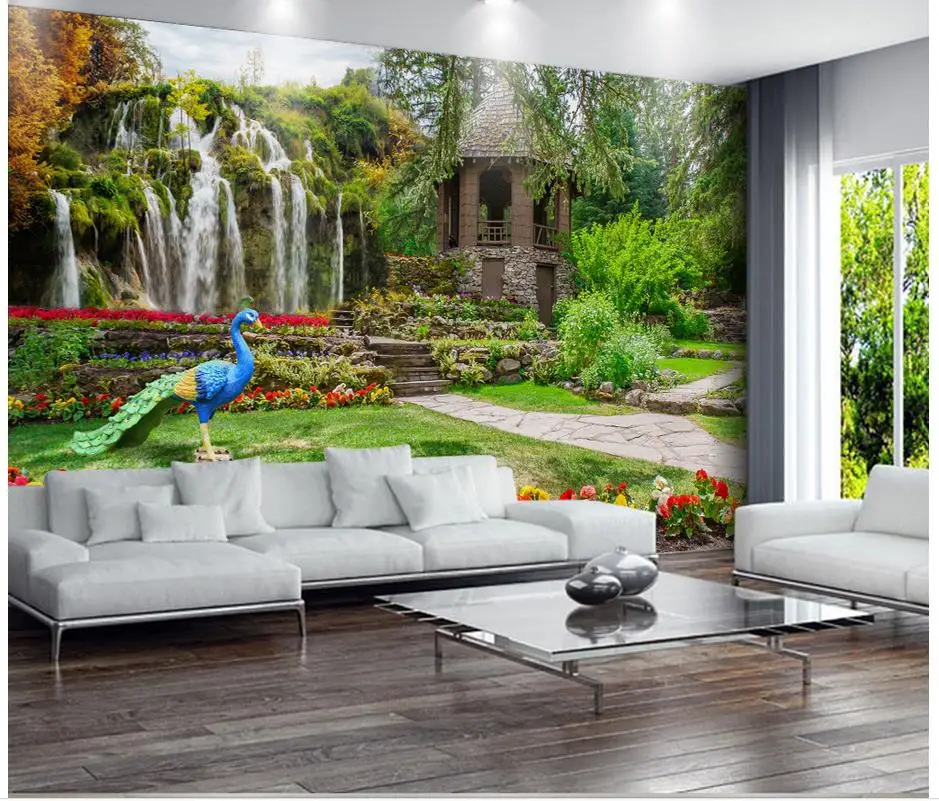Papel de parede 3d para sala de Jardim paisagem cachoeira cenário mural