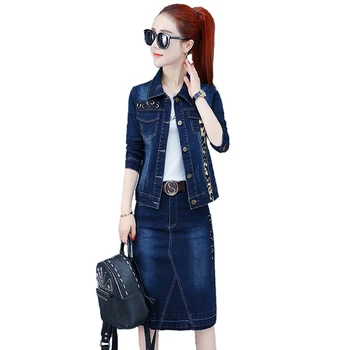 

Denim Two pieces Set Women 2019 Spring Autumn Skirt Suits Short Jacket Tops and Slim Jeans Hip Skirt 2 Pieces Sets Female A2527