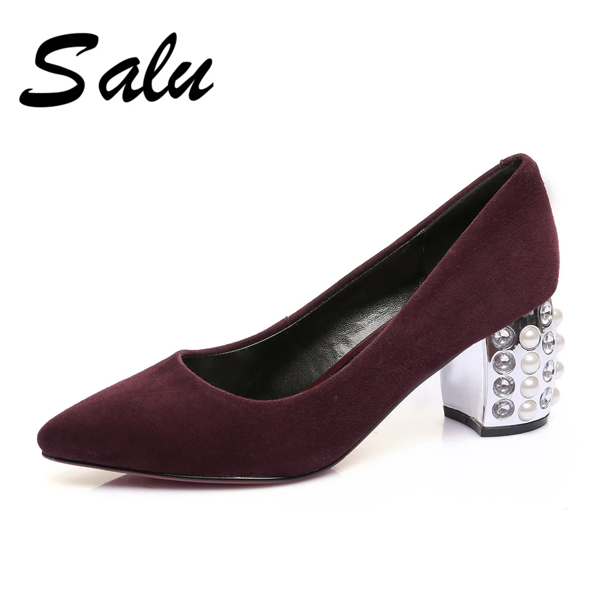 

Salu 2019 Spring Ladies Fashion Mature Shoes Woman Square Heel Solid Pointed Toe Genuine leather Shallow Slip-On
