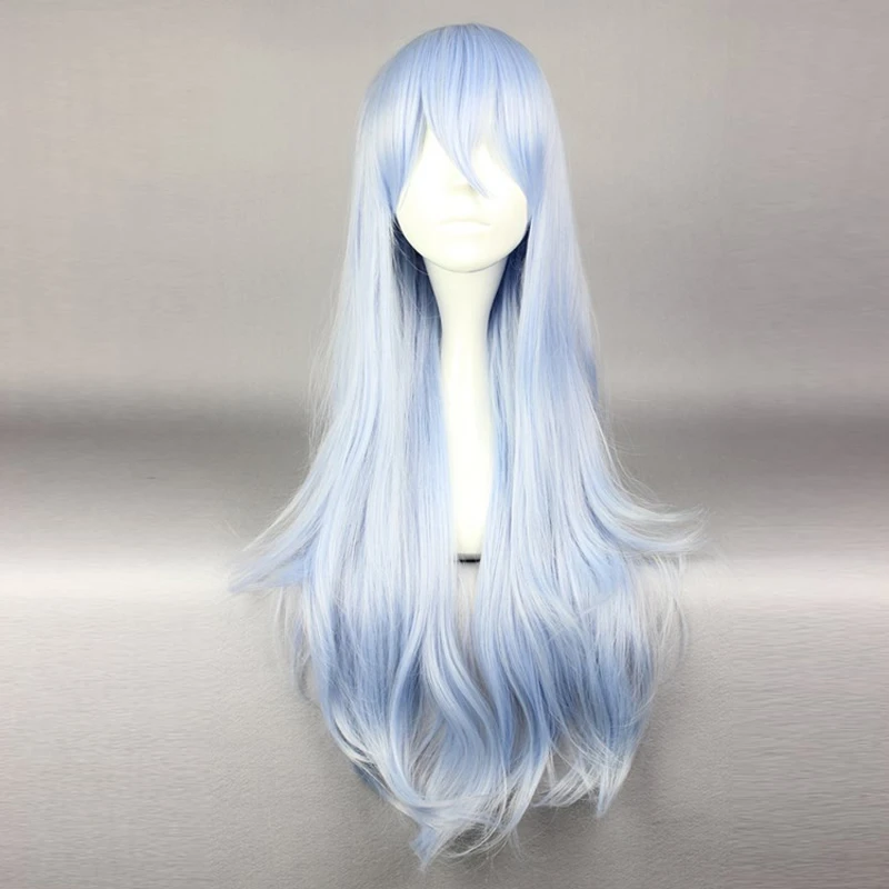 

For Collection 75CM Long Wavy Light Blue Anime Party Celebrity Heat Resistant Cosplay Wig+Wig Cap H75577F