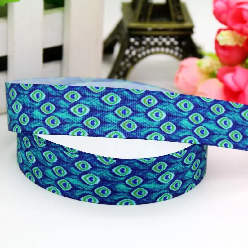

DHK 7/8'' 5yards peacock feather printed grosgrain ribbon headwear hair bow diy party decoration OEM Wholesale 22mm C1164