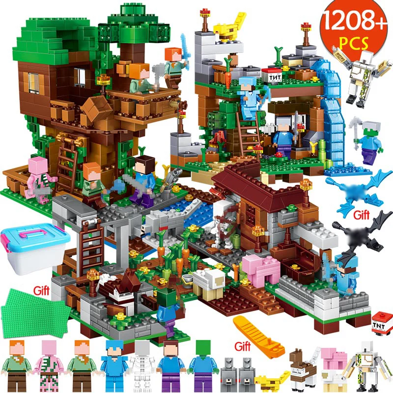 

My World Blocks Waterfall Tree House Compatible LegoING Minecrafted Village Building Blocks Warhorse City Toys For Children