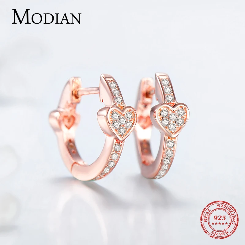 Modian Charm Fashion 100% Real 925 Sterling Silver Hearts Dazzling CZ Hoop Earrings For Women Crystal Sterling Silver Jewelry