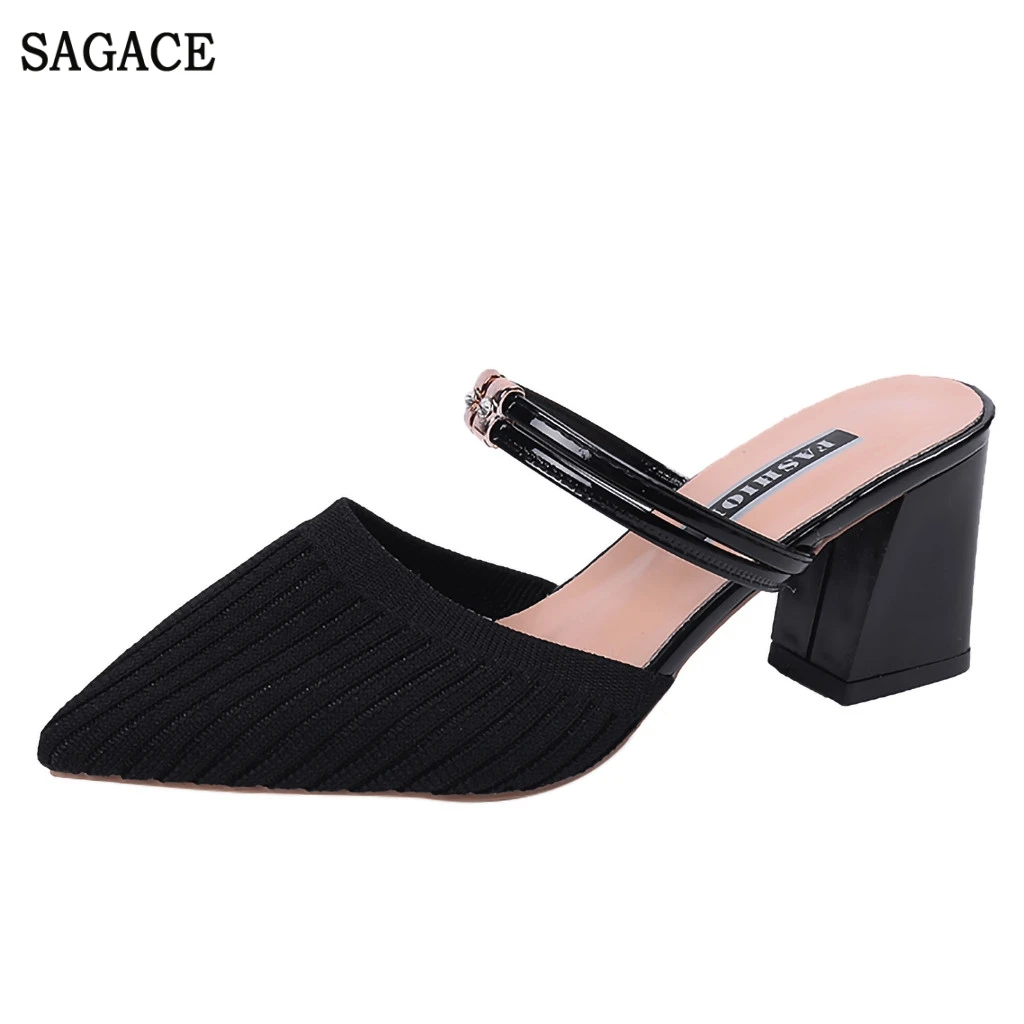 

SAGACE Women Ladies Fashion Solid Square Heel Mesh Slip On Sandals Causal Slipper Shoes Sexy High Quality Outsid Ladies Shoes