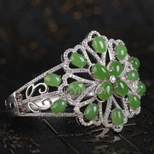 Красивые 925 серебро + зеленый HeTian jade Jasper Бусы инкрустация