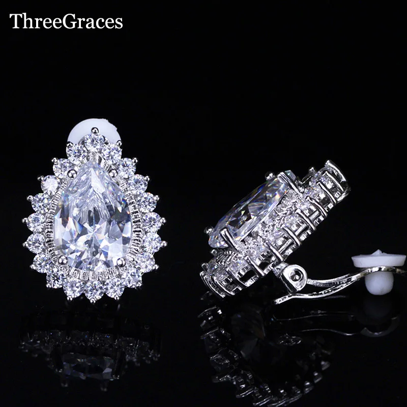 

ThreeGraces Trendy Big Water Drop Silver Color Cubic Zirconia Clip On Earrings Without Piercing For Women Evening Party ER100