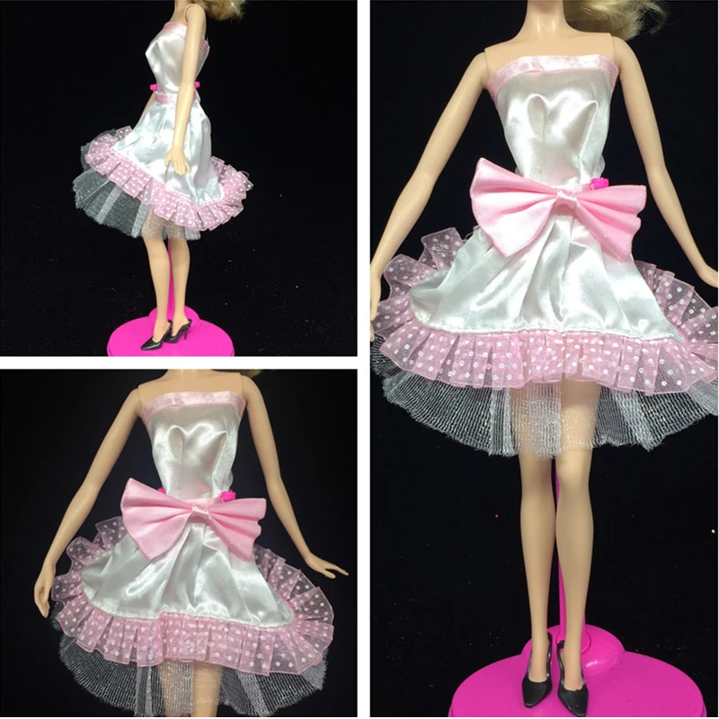 Pink Lace Bowknot Off Shoulder Short Dress for Barbie Doll House Vestidos Evening Dresses for 1
