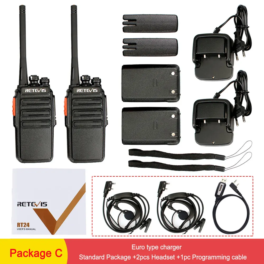 EU type Package C 2 шт. Retevis RT24 PMR Радио рация без лицензии 0,5 Вт UHF 446 PMR446 скремблер VOX портативный двухсторонний радиоприемопередатчик - Цвет: EU type Package C