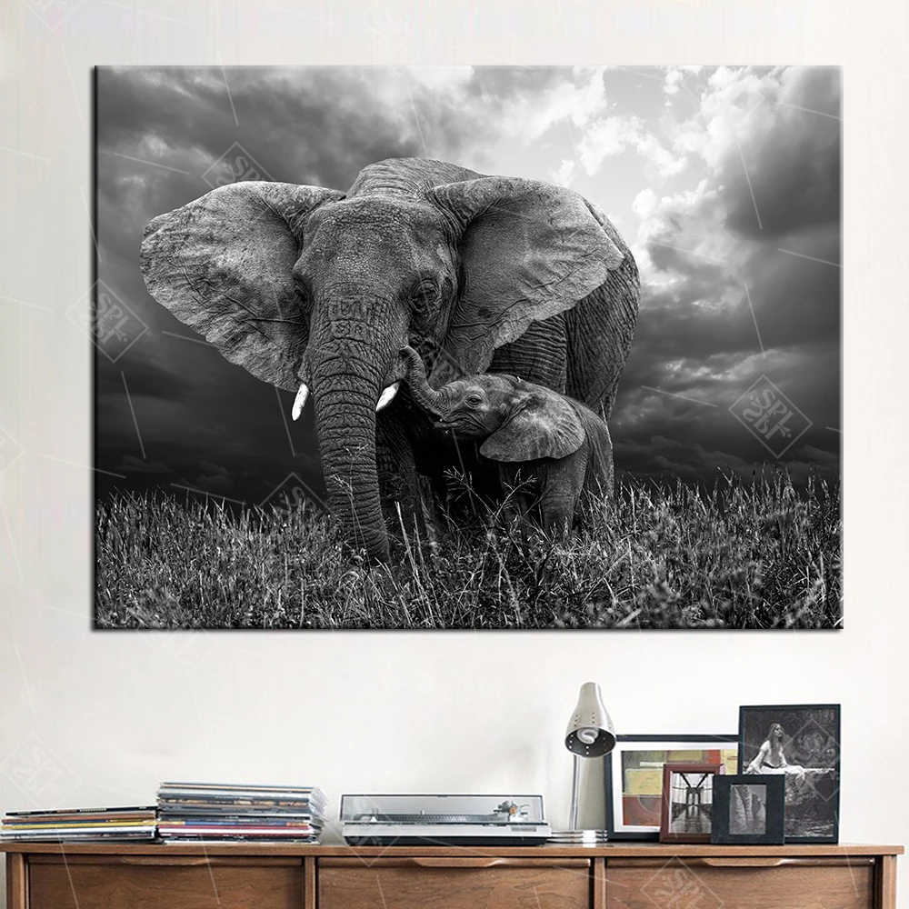 Modern Black and White Elephant Animal Canvas Painting Hd Print Nursery Baby Room Posters and