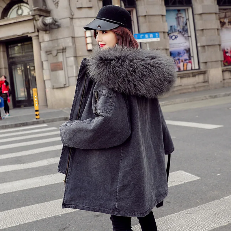 

Women Denim Cotton Parkas Medium Long Hooded Fur Collar Lambswool Jacket 2019 Winter New Large Size Fashion Denim Outwear JIA389
