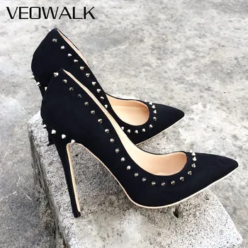 

Veowalk Brand Rivets Designer Women Pointed Toes Pumps Lady Suede Stilletos Sexy High Heels Dress Shoes Woman Customized Accept
