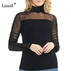 Liooil сексуальный черный прозрачный сетчатый топ Женская одежда Весна длинный рукав водолазка рубашка Топ вечерние облегающий Женский s Топы