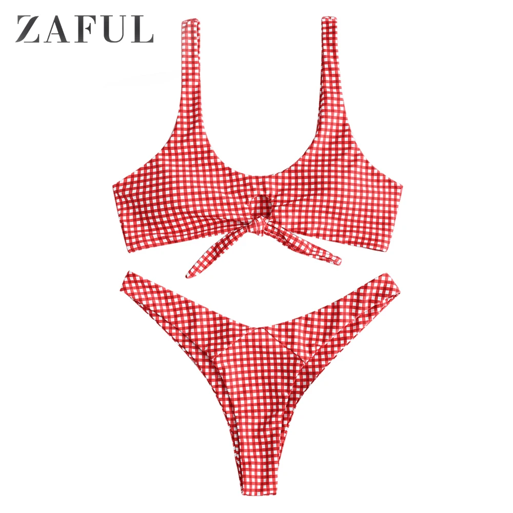 ZAFUL клетчатое бикини завязанное узлом мягкие стринги набор женский купальник с