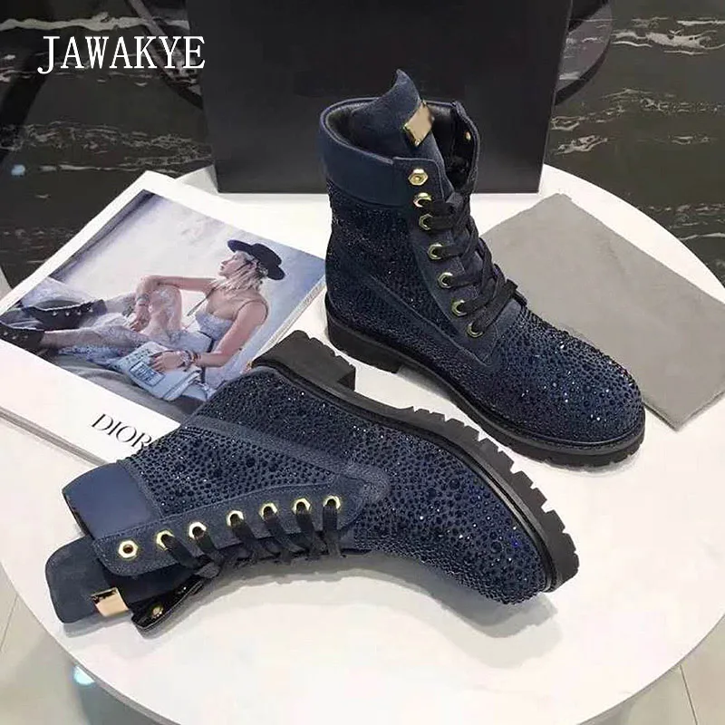 JAWAKYE черные стразы плоские ботильоны женские гладиаторы на толстом каблуке