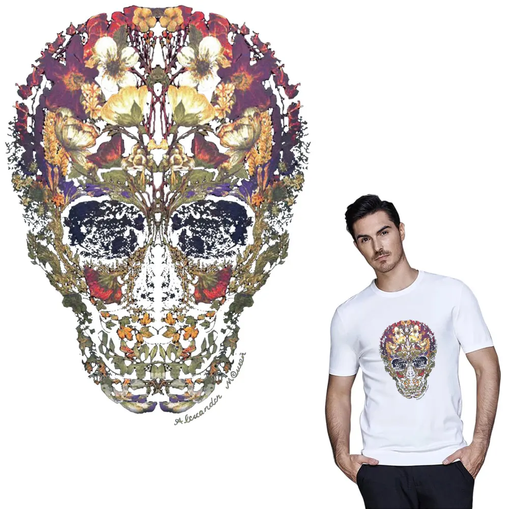 

Large patch for clothing Flower Skull iron on A-level patch decoration stickers appliques clothes for jacket backpack washable