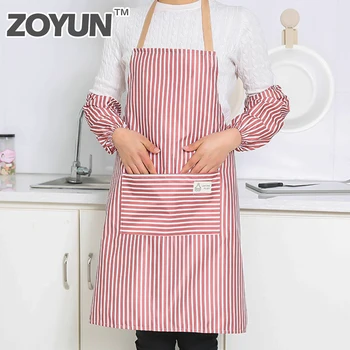 

Aprons oversleeves Kit For Woman Kitchen Cooking Cleaning Chef Waterproof Adjustable Pinafore Adult Pink Stripe Bib With Pockets