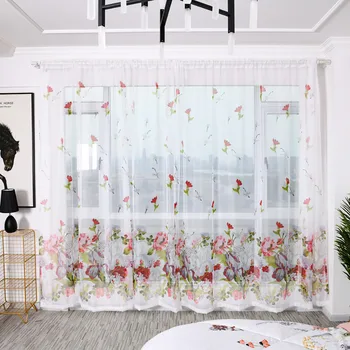 

2pcs Peony Flower Print Curtain Tulle Window Treatment Drape Valance Simple Curtain Wear Rod Model 100x200cm L703
