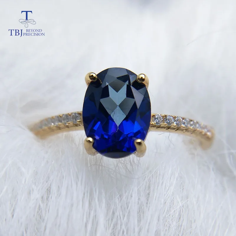 

TBJ,Simple design ring with 1.2ct natural coated blue topaz in 925 sterling silver yellow gold color ring for women as a gift