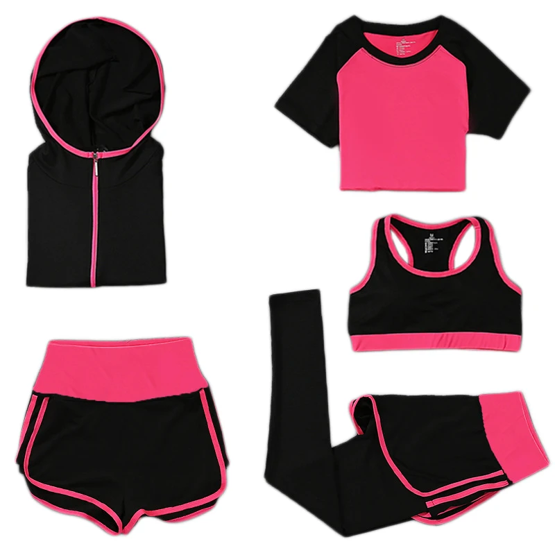 

Womens Korean Slim Quick-dry Running Suit Yoga 5-piece Sportswear Fitness Yoga Sport Clothing Suit Girls Running Set Sport Suit