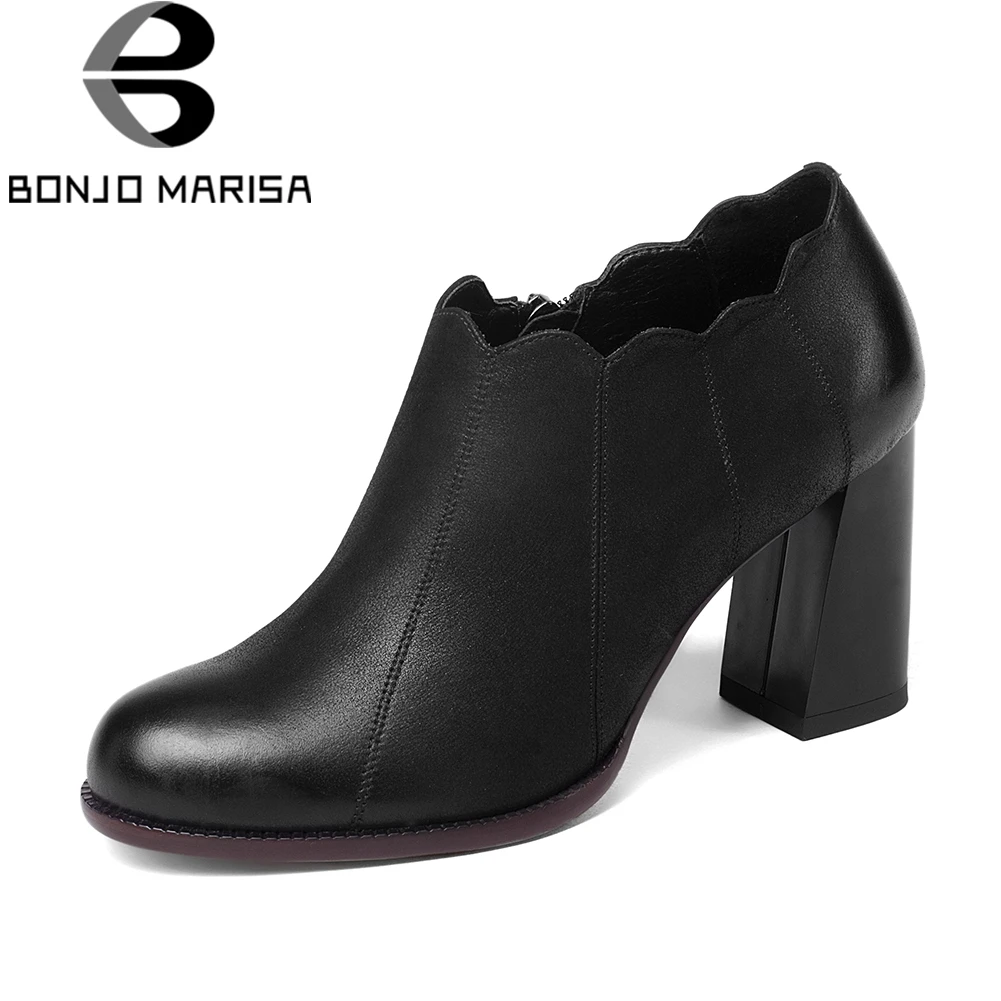 

BONJOMARISA Top Quality Deep Pumps Women Genuine Leather Autumn 2018 New Sewing High Heels Shoes Woman For Work Ol Footwear