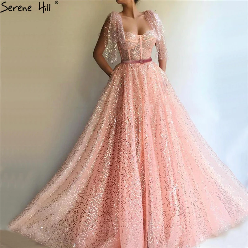 

Dubai Peach Sequined Sashes Sexy Prom Dresses 2019 Short Sleeves Sparkle Tulle Prom Gowns Serene Hill BLA60944