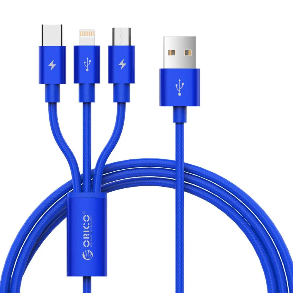 ORICO 3 в 1 type C 8Pin Micro USB кабель для iPhone 8X7 6 6S Plus iOS 10 9 8 samsung Nokia USB кабели для быстрой зарядки шнур - Цвет: Синий