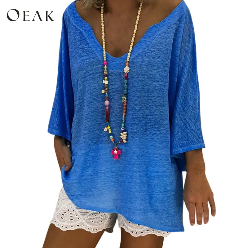 

Oeak 2018 Women Half Sleeve Top Shirts Sexy V-neck 3/4 Sleeve Solid Tops Shirts fashion clothing plus size