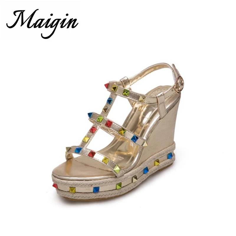 Maigin Wedge Sandals for Women 2018 High Heels Platform Sandals Colorful Rivet Summer Women