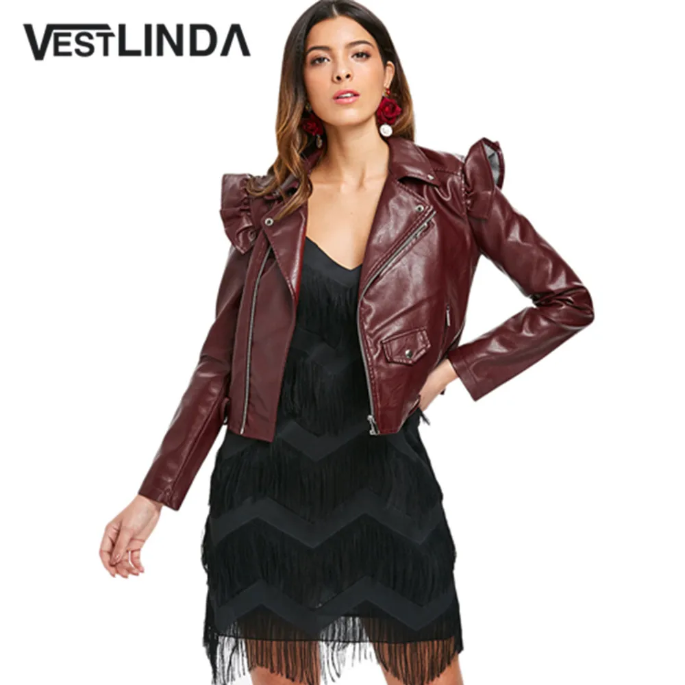 

VESTLINDA Jacket Women Skew Zipper Biker Jacket Ruffle Lapel Motorcycle Faux PU Leather Jacket Coats And Jackets Women Outwear