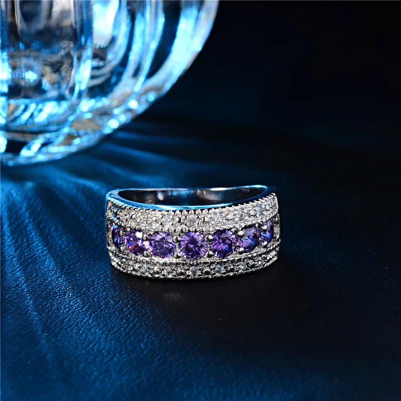 H:HYDE Silver Color Purple Crystal CZ Zircon Classic Simple Design Fashion Women Wedding Engagement Romantic Ring bijoux