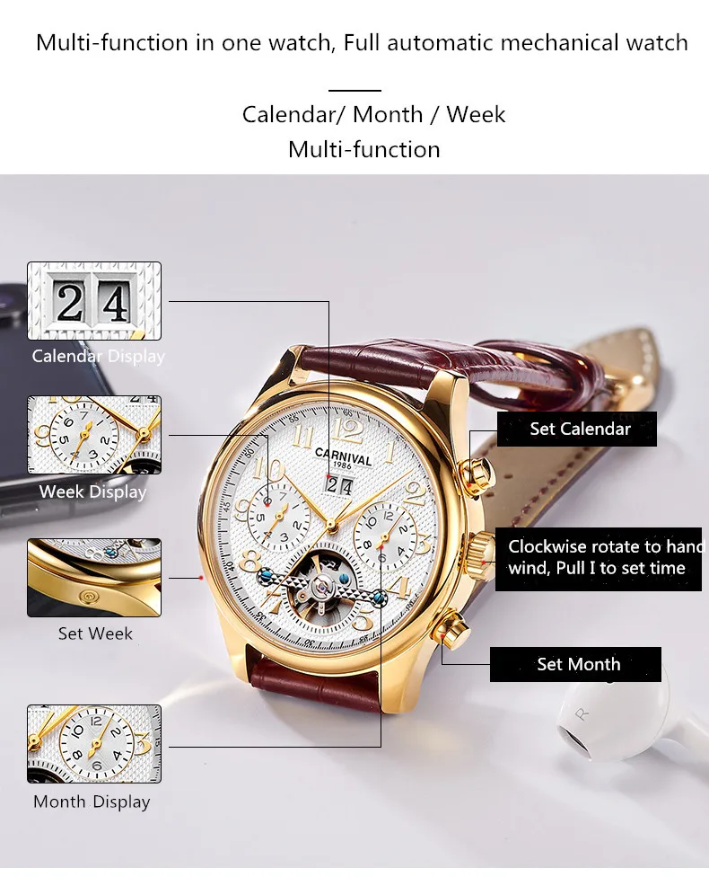 Швейцарские карнавал сапфировые часы мужские роскошные брендовые полностью стальные автоматические механические мужские часы из натуральной кожи часы reloj