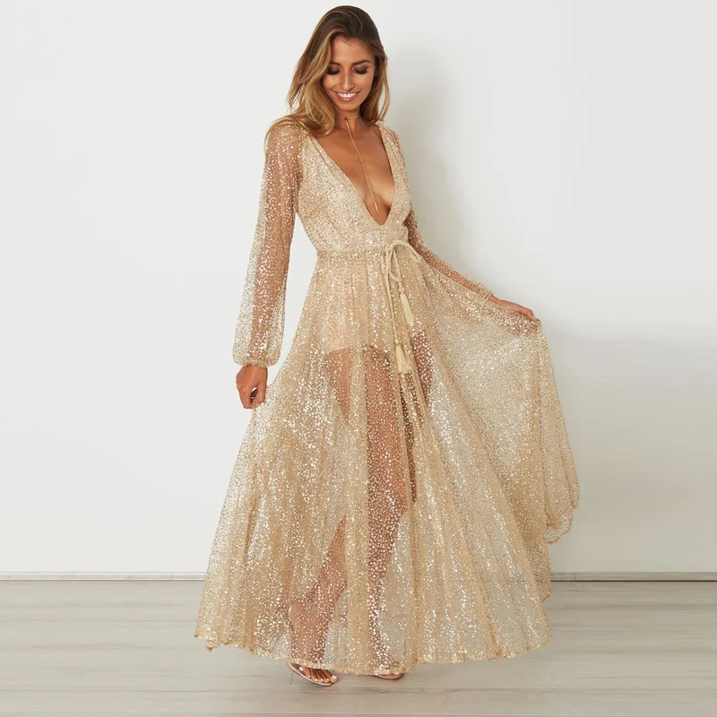

Women Party Sexy Long High Waist Deep V Collar Frenulum Glitter Sleeve Head Dress Gold Sequins Long Sleeve Transparent Dress