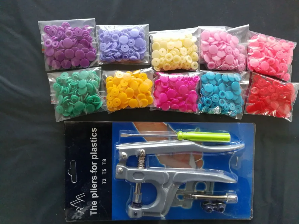 

Free Shipping (4 parts as a set) 200 sets Plastic Snap Buttons+1pcs Tool Plier 12mm T5 Resin Fastener Buttons for Baby Clothes