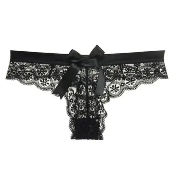 

Women Plus Size Temptation See Through Hollow Floral Lace Underwear Low Waist Big Bowknot Decor G-String T-Back Solid Color Thon