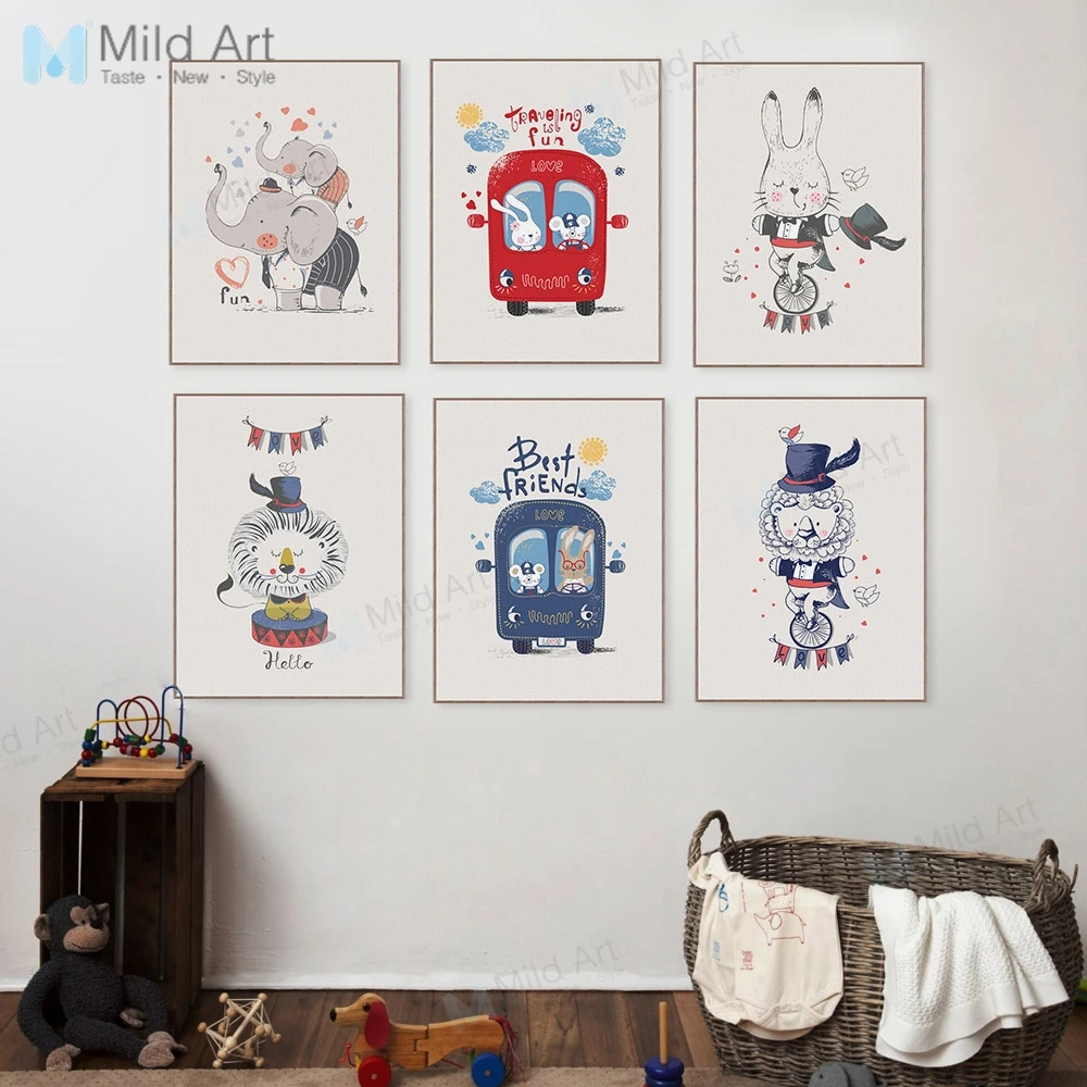

Cartoon Animal Circus Bus Lion Rabbit Posters Prints Kawaii Children Room Wall Art Pictures Home Decor Canvas Paintings No Frame
