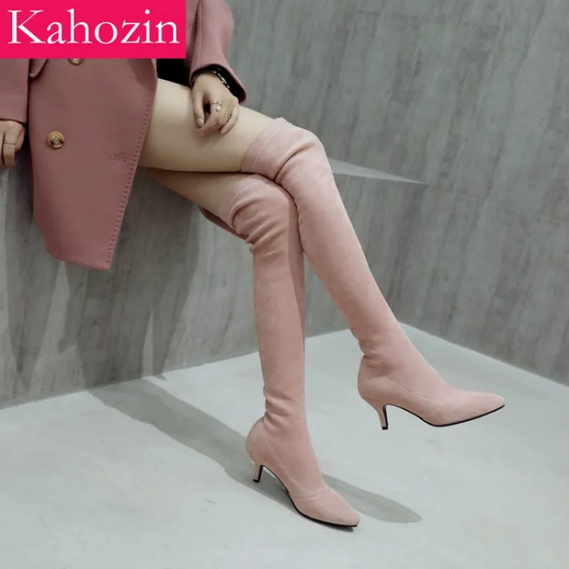 

2019 Women Over The Knee High Boots Hoof Heels Winter Shoes Pointed Toe Sexy Elastic Fabric Women Boots 34-43 zapatos de mujer