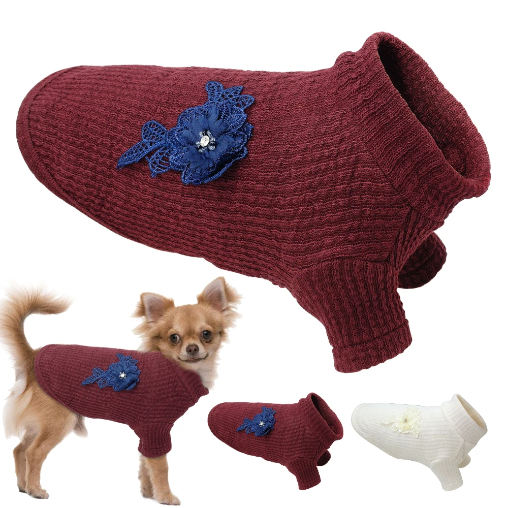 

Warm Pet Dog Knit Sweater Autumn Winter Clothes Small Dogs Cats Classic Sweaters Knitted Turtleneck With Flower Accessories