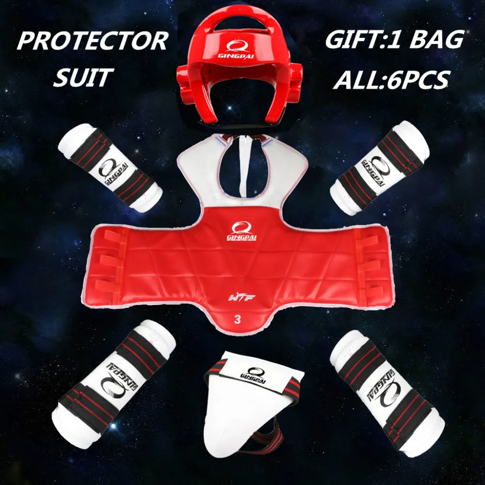 

High Quality Taekwondo Protector Thickening WTF Approved 6pcs Chest Helmet Shinguards Armguards Groin Protection Adult Kids
