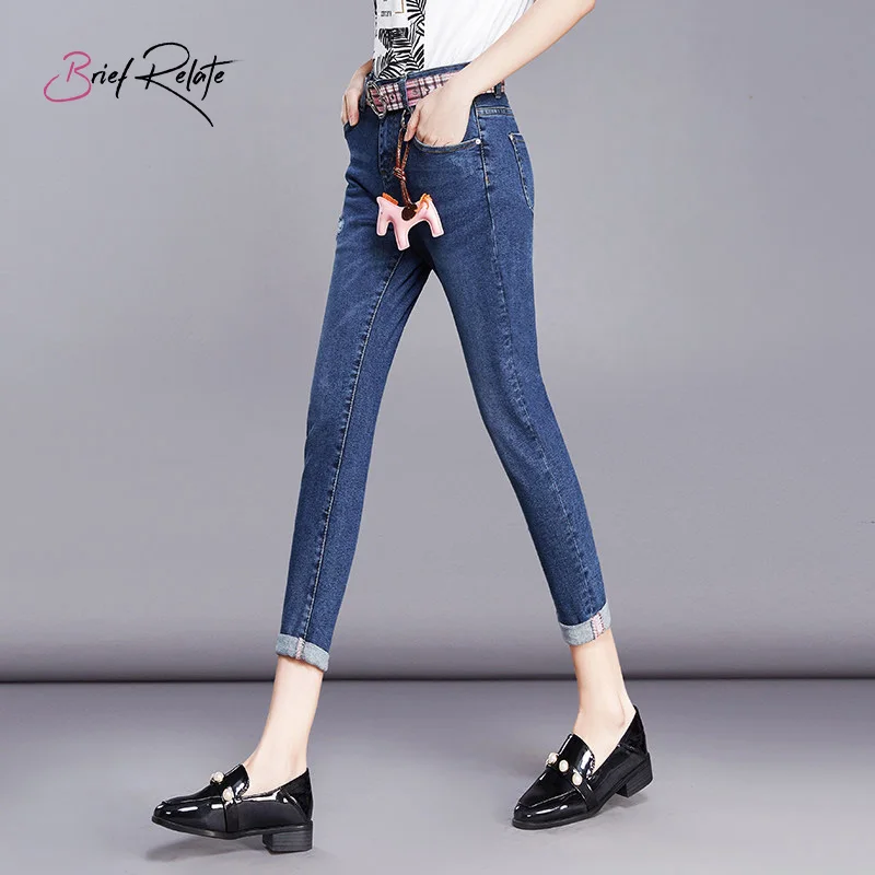 Brief Relate Blue Slim Denim Jeans Comfortable Elastic Easy Match Ninth-pants Mid-waist Curling Legs Edge Denim Pants