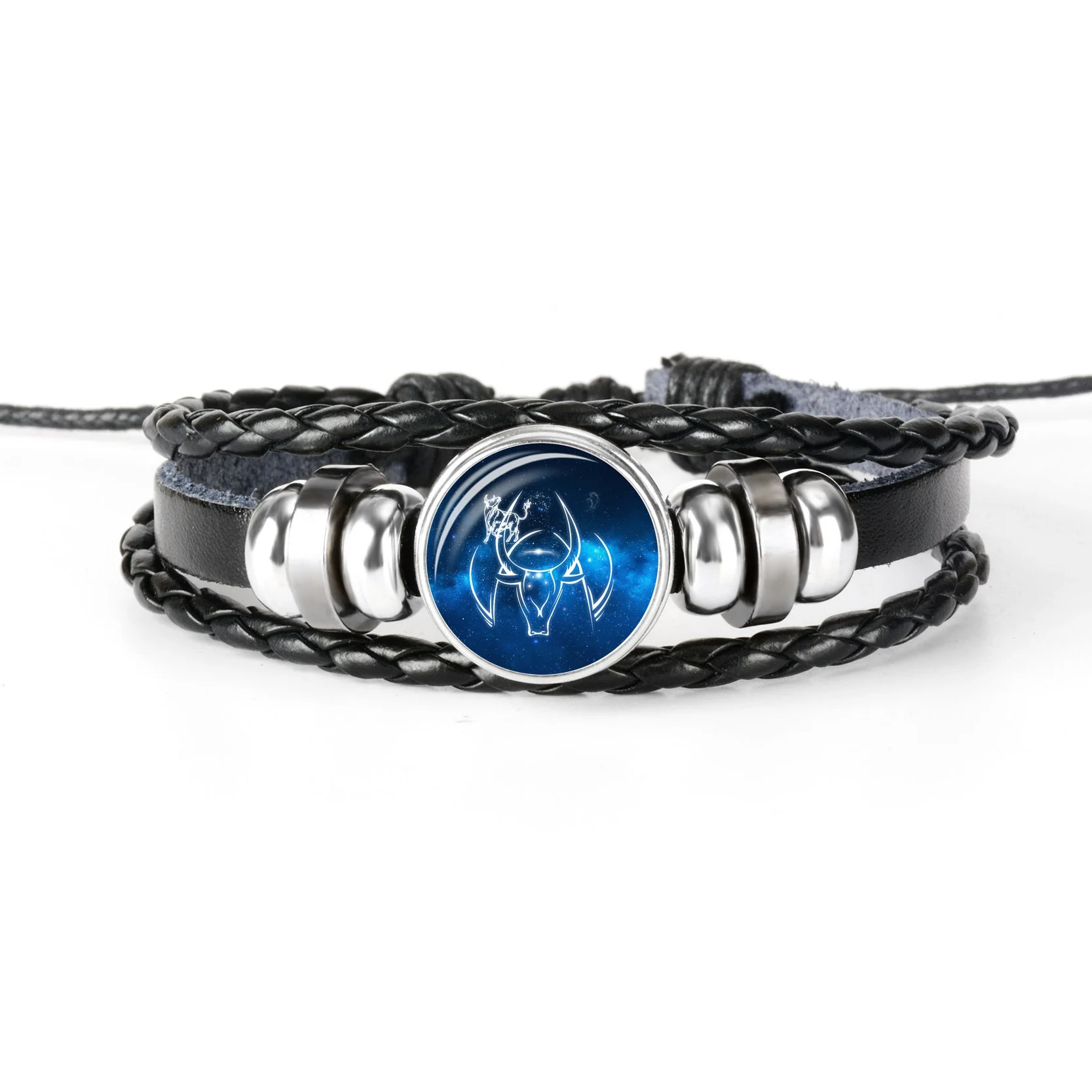 

12 Zodiac Constellation Sign Jewelry Glass Dome Taurus Leo Pisces Libra Punk Black Button Braided Leather Bracelet for Men Women