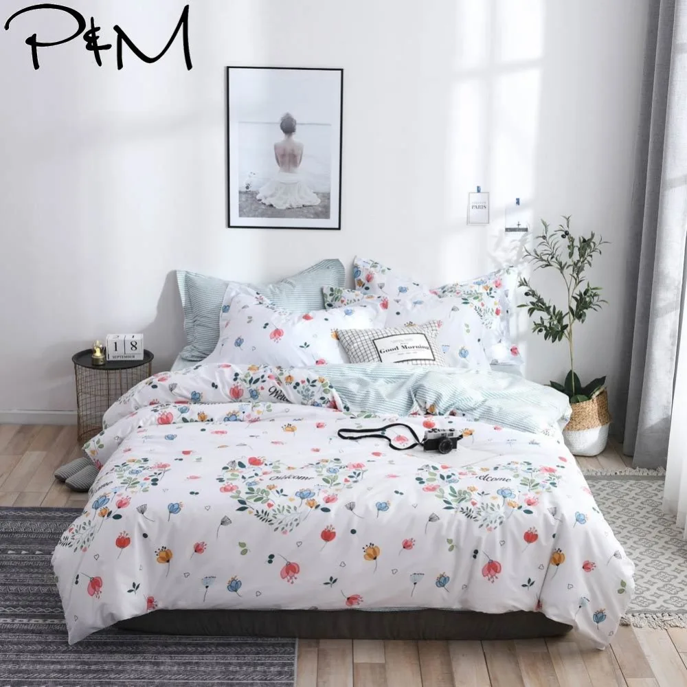 

2019 PAPA&MIMA Colorful Flowers White Bedlinens Twin Queen King Duvet Cover Set 2/3pcs Cotton Fabric Bedding Pillowcases